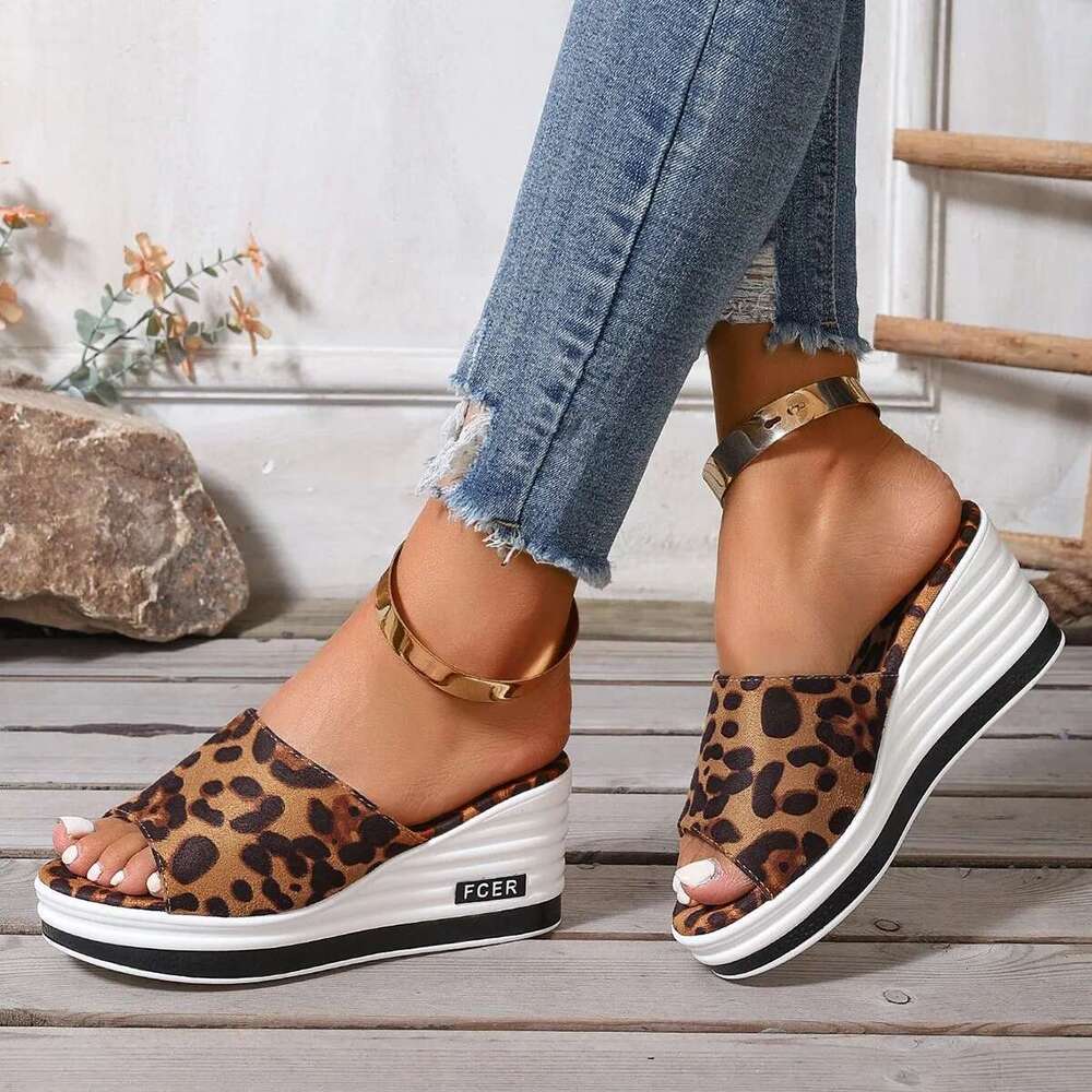 Women's Wedge Leopard Print Summer New Fashion High Heel Sandals Casual Plus Size One e Cool Platform Slippers