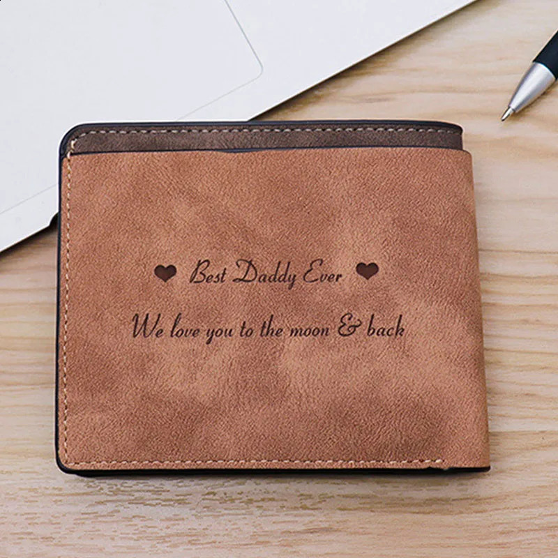Ship from US Customized Wallet Po Mens Brown Short Waterproof MultiFunction Matte PU Leather Engraving Picture Personalized Purse For Men 250228FBB