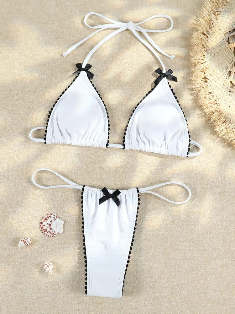Micro Bowknot Bikinis Set for Women Patchwork Swimsuit Summer Beach Wear White Thong Swimwear Swimming Bathing Suit 250227