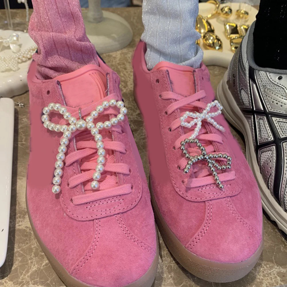 1pair Fashion Pearl Bowknot Shoelace Accessories Silver Jelly Color Bow Shoe Charms Sneakers Decorations DIY Phone Chain Jewelry 250218