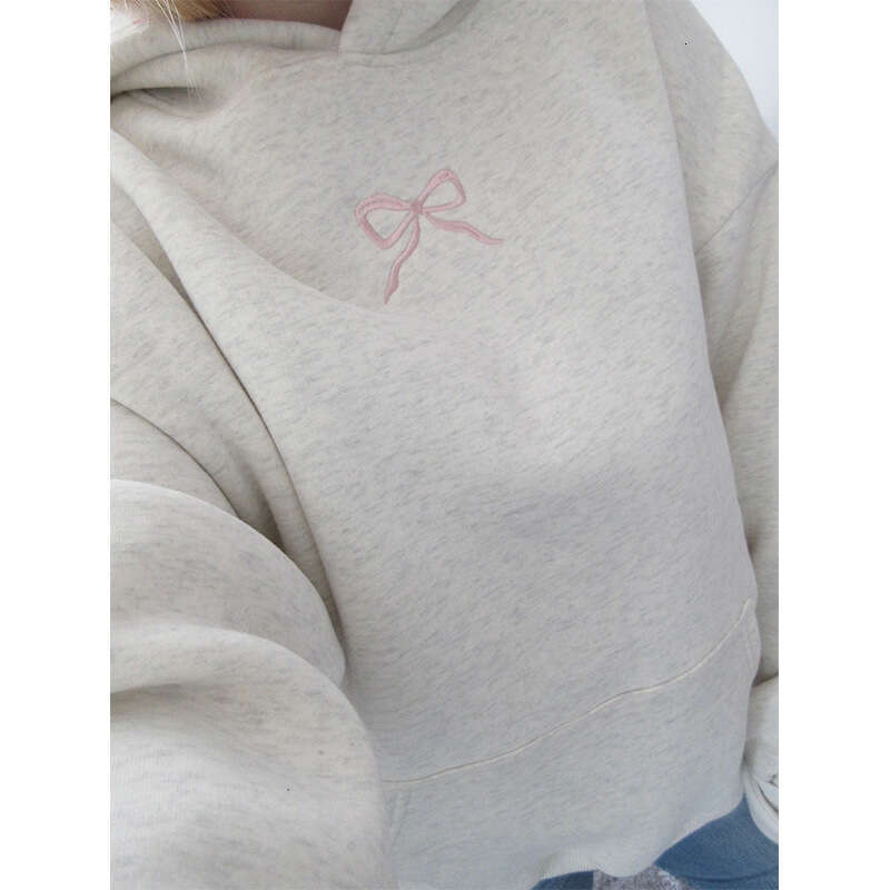 American trend new cotton minimalist floral letter bow pattern gray pullover hoodie top