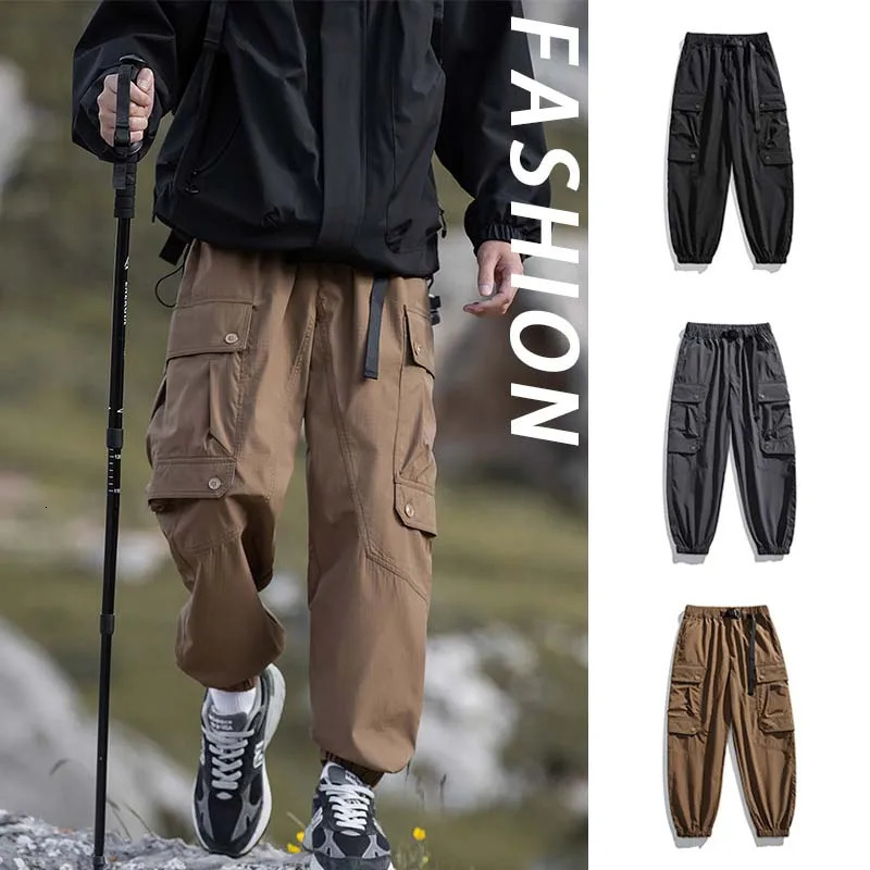 Mens Waterproof Hiking Pants Breathable Antifouling Loose Fit Cargo Pants Elastic Waistband Casual Camping Sport Pants 250227