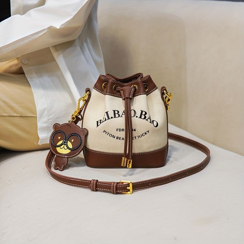 Letter Graphic Bucket Bag For Women - Canvas ing Crossbody Bag, Drawstring Shoulder Purse With Pendant