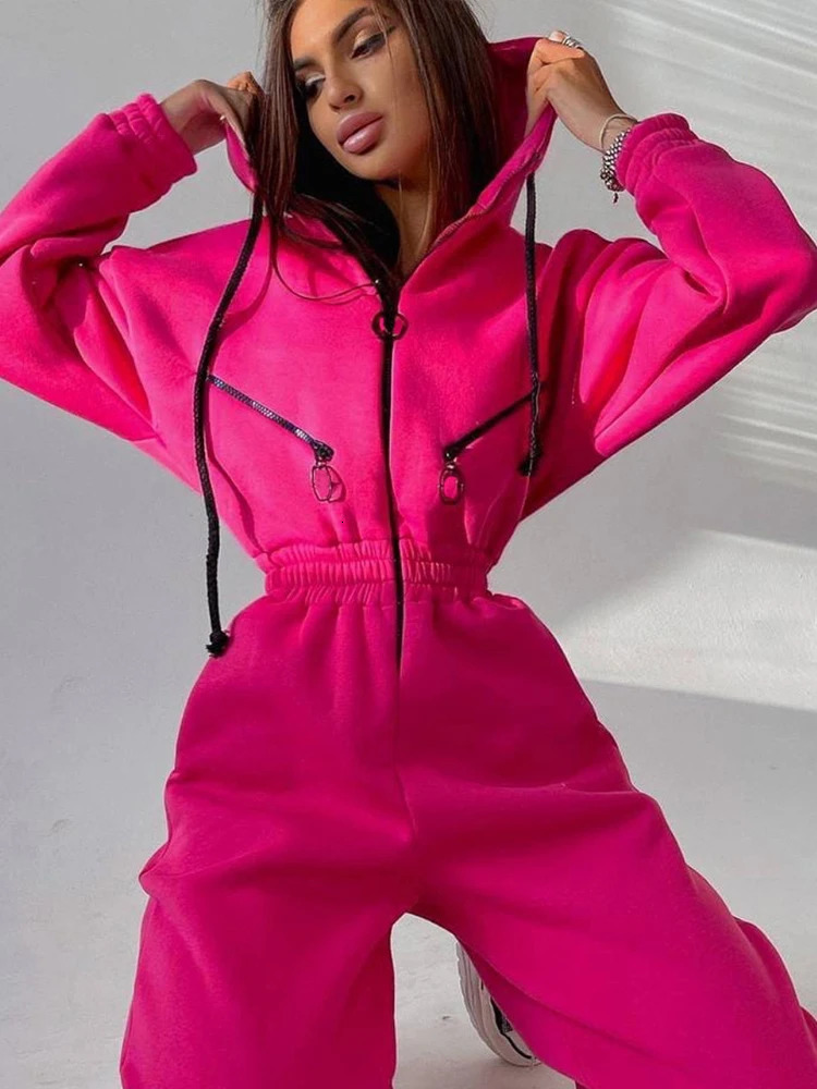 Autumn womens monochrome long sleeved jumpsuit solid color zipper sportswear winter casual track and field clothing fashionable hoodie 250225