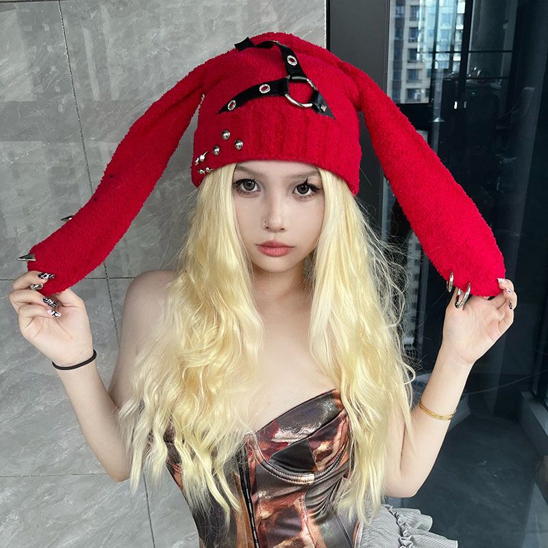 Beanie Skull Caps Christmas Rabbit Ear Hat Autumn/Winter Design Rivet Leather Buckle y2k Punk hat