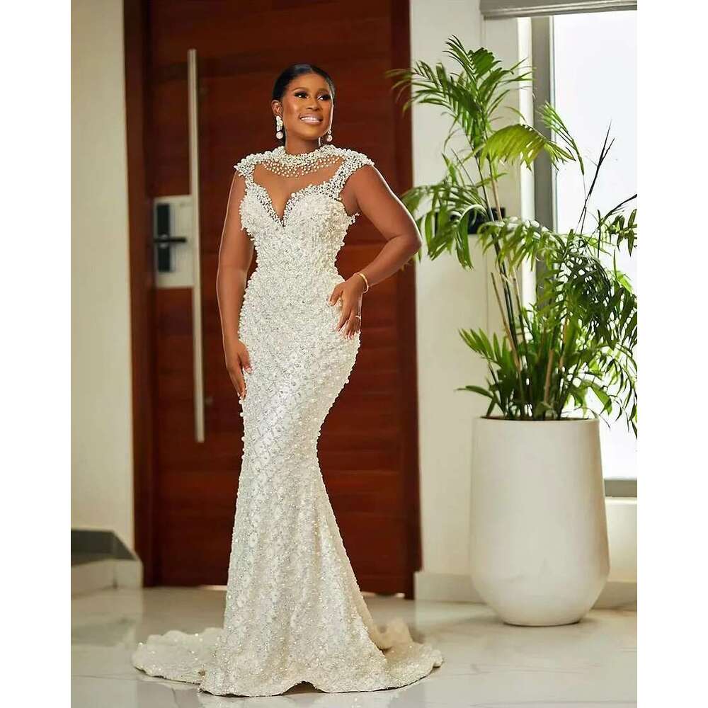 Custom 2025 Arabic Mermaid the beads fringed illusion long sleeves plus size wedding dresses