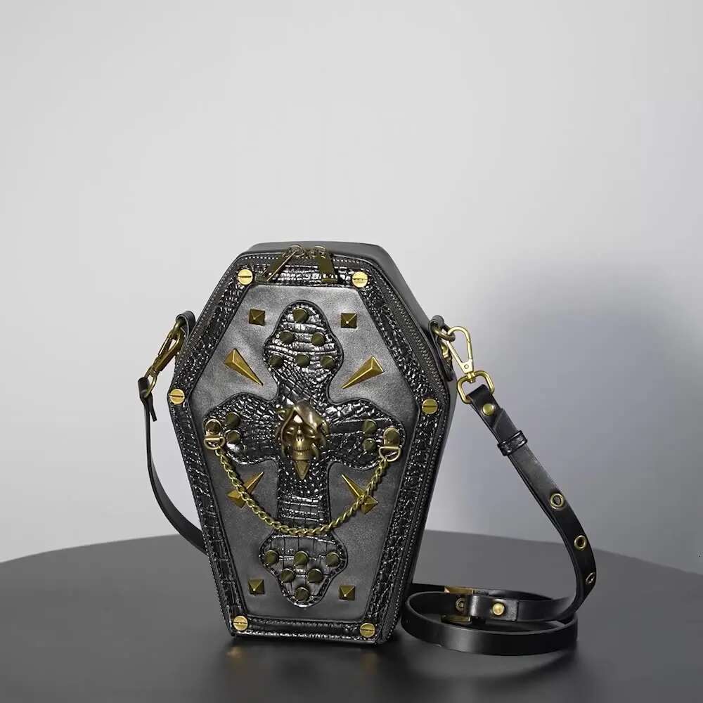 Trendy Black Girl Crossbody Coffin Europunk Unisex Biker Fashion Skull Head Ladies Shoulder Bag Rivet Decoration Sewing