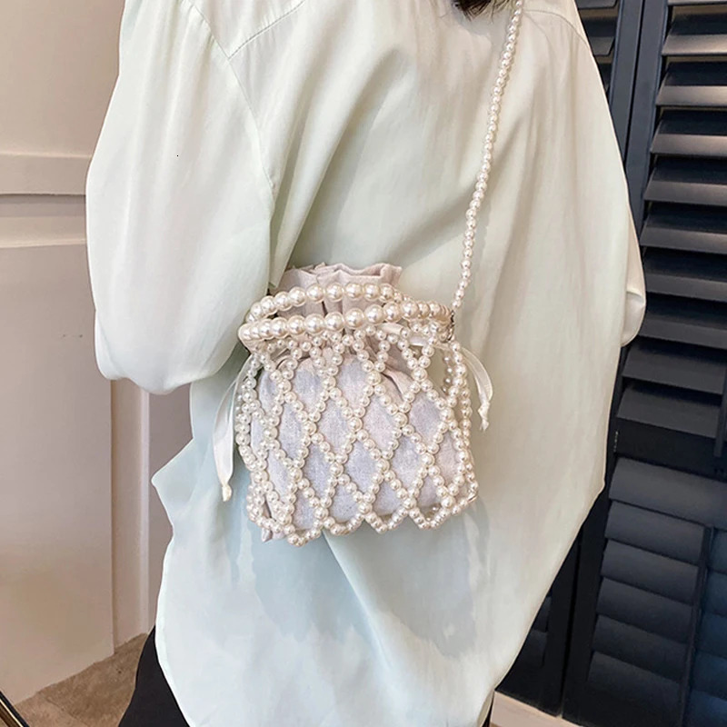 Handmade Pearl Bag Sweet Shoulder Tote Bead Handbag Women 2024 Summer Party Small Bucket Purse 250221
