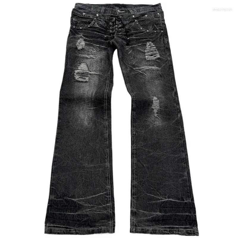 Men's Jeans Retro Double Waisted Lace Up Micro Flared Women Pants Streetwear Y2K Washed High-quality Design Sense Men And