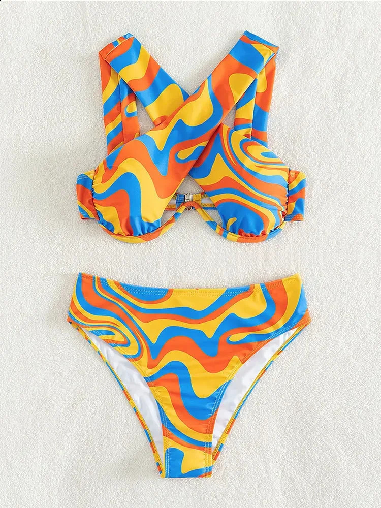 Sexy Underwire Bikini Set 2024 Women Orange Wave er Halter Cross High Waist Swimsuit Summer Bathing Suit 2 Piece Swimwear 250227