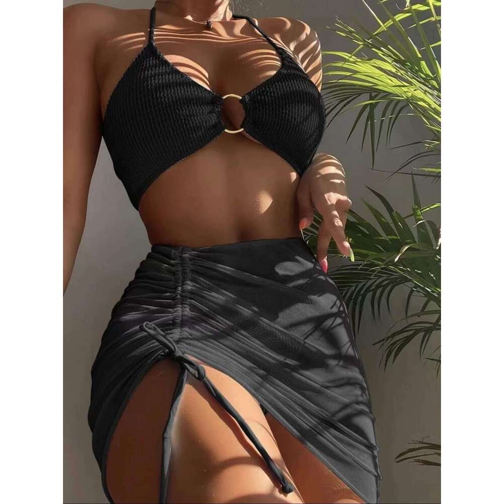 Swimsuit women's multi colored sexy European and American short skirt hanging neck three piece set split swimsuit bikini 2025 temperament versati
