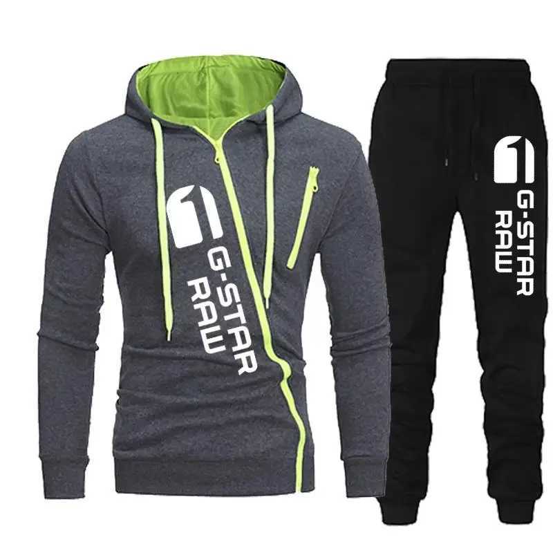 2024 Autumn Winter Oblique Zipper Tracksuit Men Sweatshirt + Sweatpants 2 Pieces Set Casual Mens Hooded Hoodies Suit Sportswear X250228