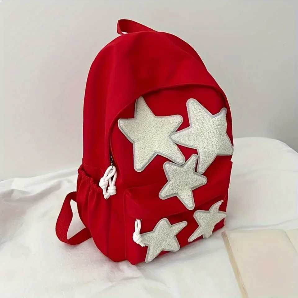 Ship from US Kawaii Plush Star Pattern Backpack Preppy Minimalist Zipper Daily School Bag Lightweight Large Capacity Daypack 250304FBB