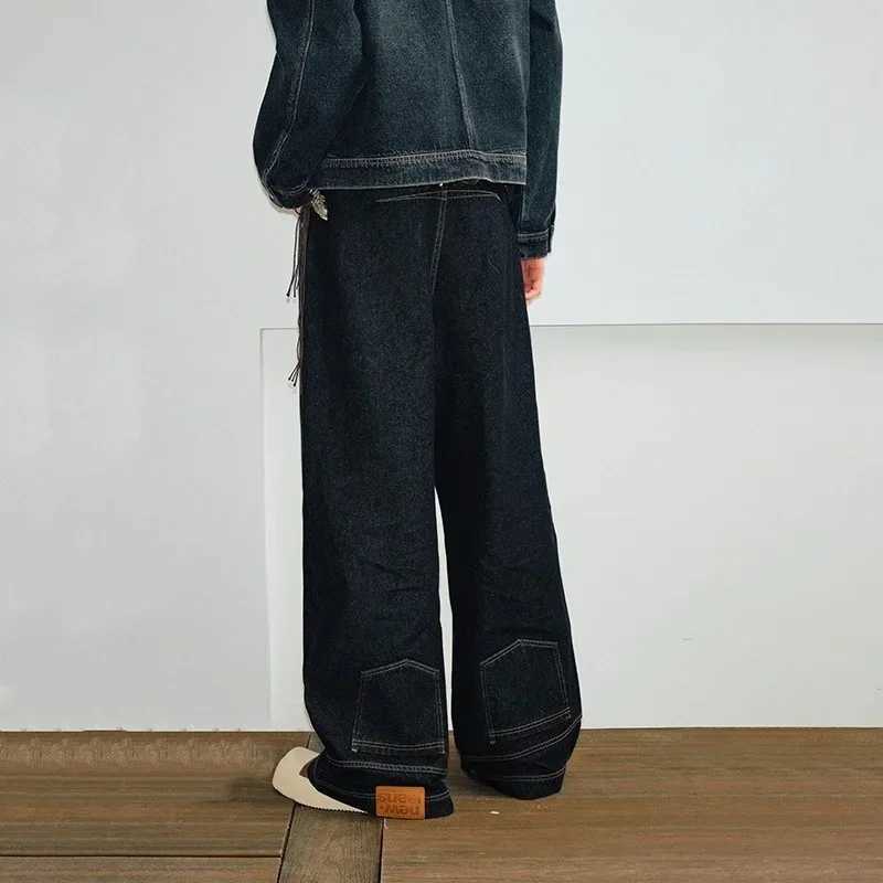 New Arrival Autumn Mens High Street Fashion Baggy Jeans Reverse Pocket Design Straight Wide Leg Denim Trousers Solid Color Y2K Vintage Jean Z250228
