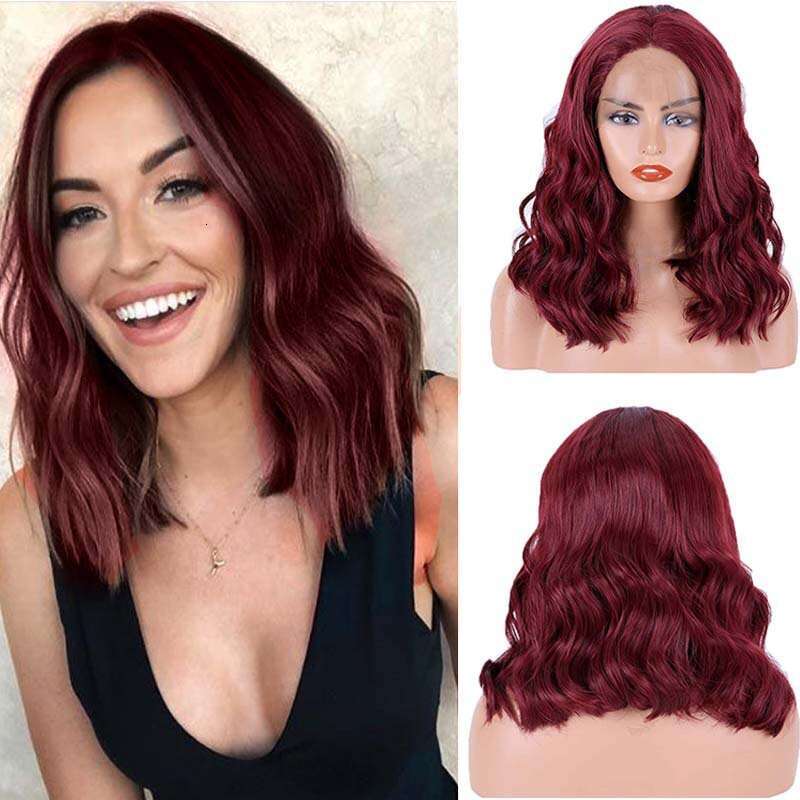 HD Front Lace Wig Front Female Hand Hook Fluffy Short Curly Fiber Full Headset Lace Wig Wine Red Black