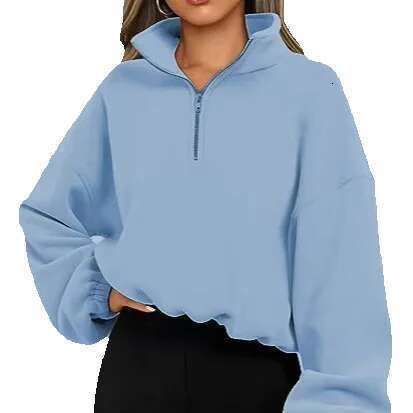 Women's Half Zippered Standing Neck And Drawstring Fleece Sweater Hoodie