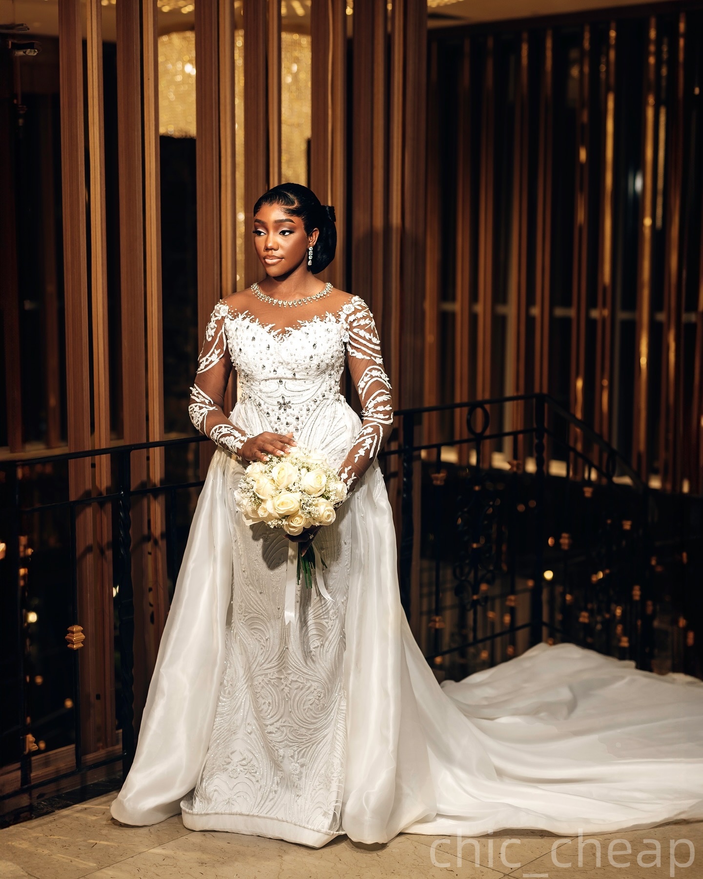2025 Arabic Aso Ebi Plus Size Ivory Wedding Dress Lace Crystals Sheer Neck Sequined Lace Detachable Train Bridal Gowns Dresses ZJ059