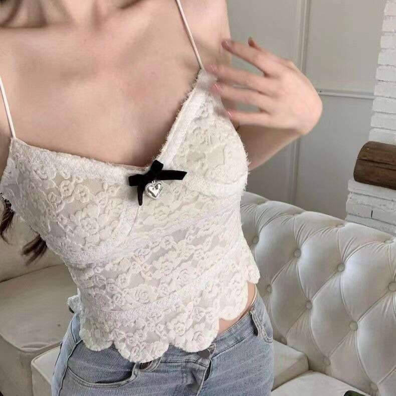Pure desire, sexy bow, lace women's versatile and beautiful camisole, chest cushion, anti glare, strapless short top