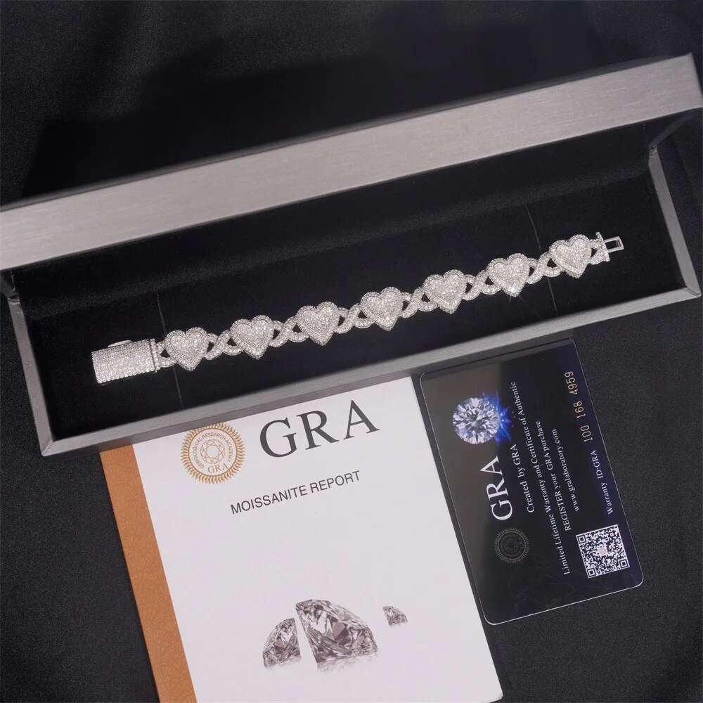 IsRainy Hip Hop Rock 100% Sterg Sier D Color Real GRA Moissanite Dias Heart Cuban Chain Bracelets Fine Jewelry Gift