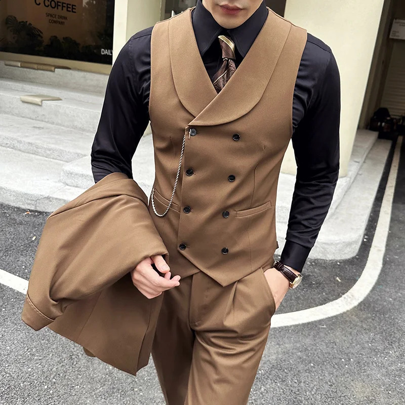 High Quality Autumn Double Breasted Suit Vest Men Business Formal Sleeveless Slim Fit Wedding Groom Banquet Party Waistcoat 250228Z