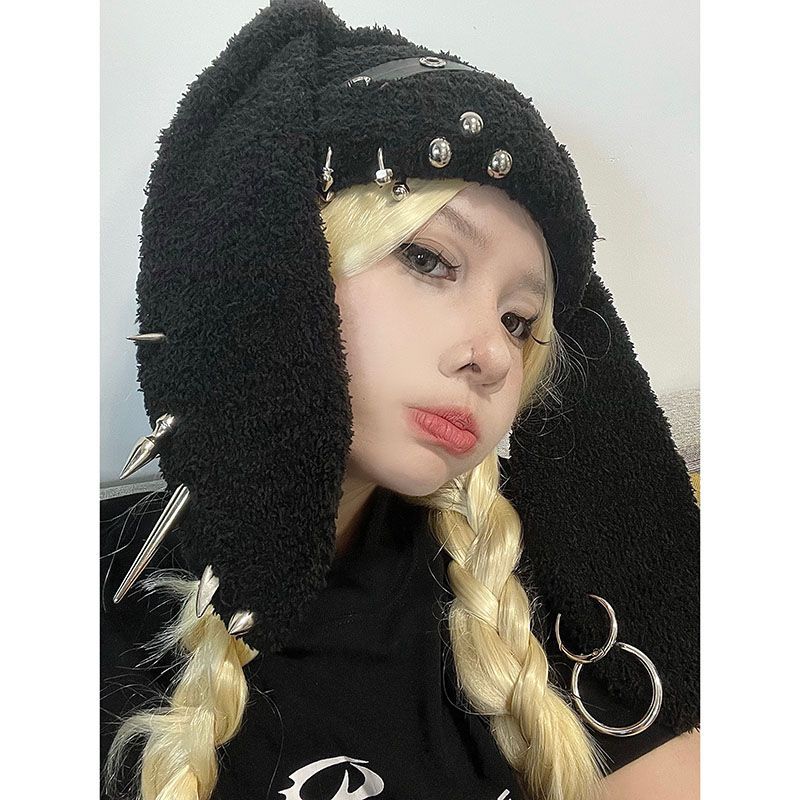 Beanie Skull Caps Christmas Rabbit Ear Hat Autumn/Winter Design Rivet Leather Buckle y2k Punk hat