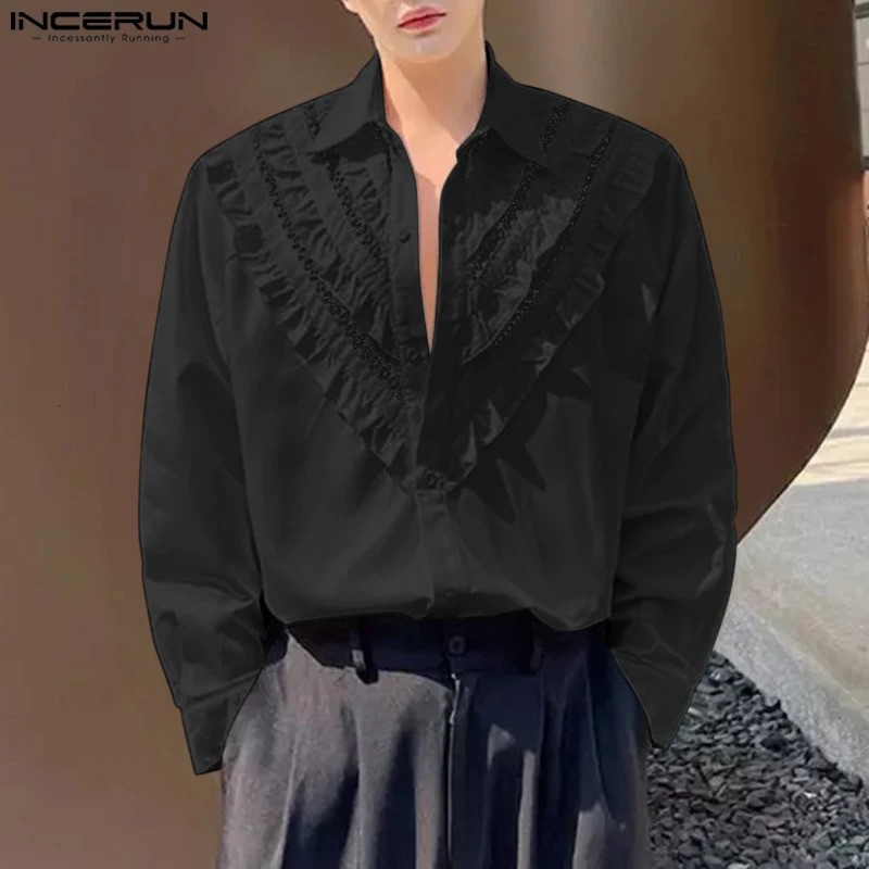 Fashion Well Fitting Tops INCERUN Mens Spliced Ruffled Edge Hollow Shirt Male Casual All-match Long Sleeved Blouse S-5XL 250224