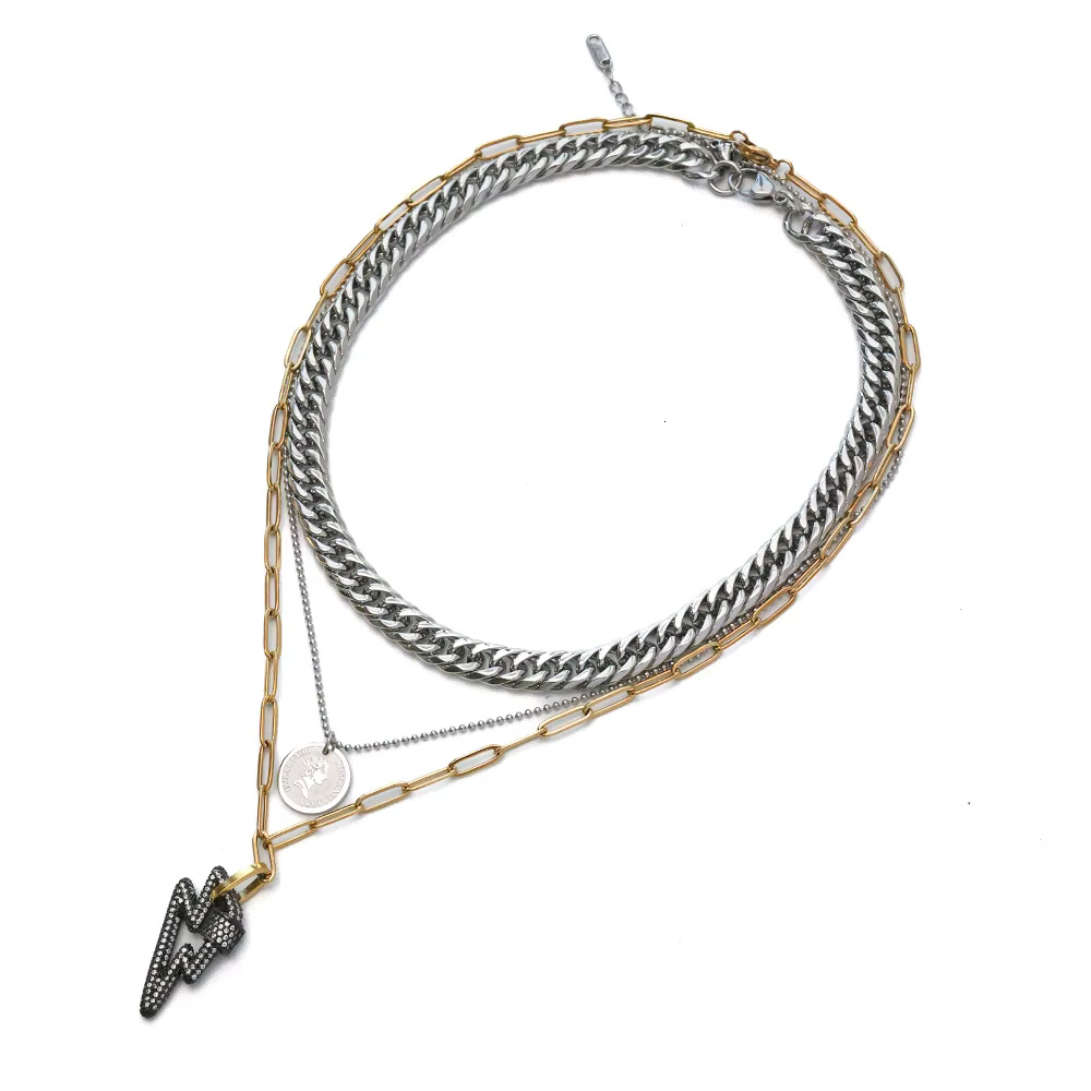 Multi layer stainless steel Cuban queen pendant gold-plated paperclip chain lighing charm necklace YF3620