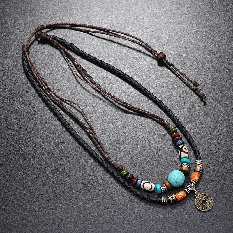 Wind multi-layer turquoise beaded woven leather with personalized alloy antique copper coin pendant for men's necklace