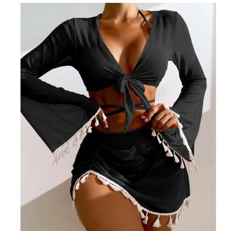 European American Conservative Four piece Solid Color Tassel Hoodie, Mesh Skirt, Bikini Wholesale Swimsuit, Women's 2025 New Style, Unique and El