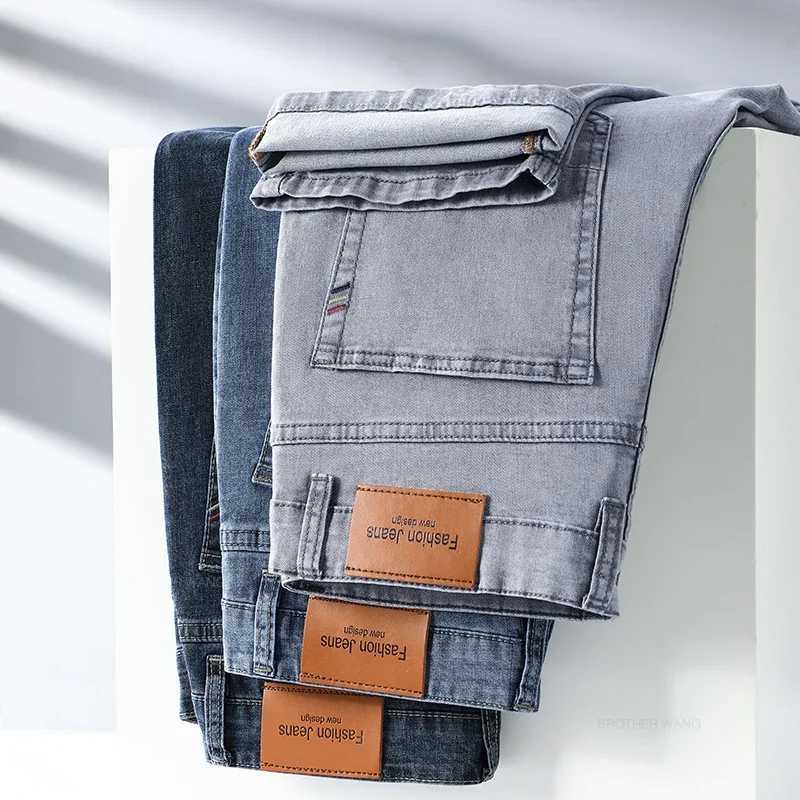 Summer Thin Mens Elastic Cotton Jeans Fashion Gray Comfortable Business Straight Casual Pants Brand Male Clothes Trousers M250609