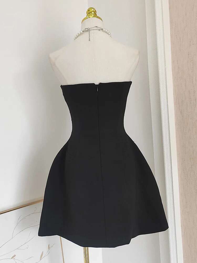 IEQJ French Style Dia Spliced Party Mini Dresses For Women Slash Neck Sleeveless High Waist Black Female Dress 2025 3Wq6859