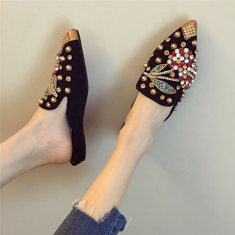 Cherry Rhinestone Pointed Flat Shoes Fashionable Loafers Slippers Beautiful Cherry Pearl Inlaid Flat Sandals For Women Sizes 36-41