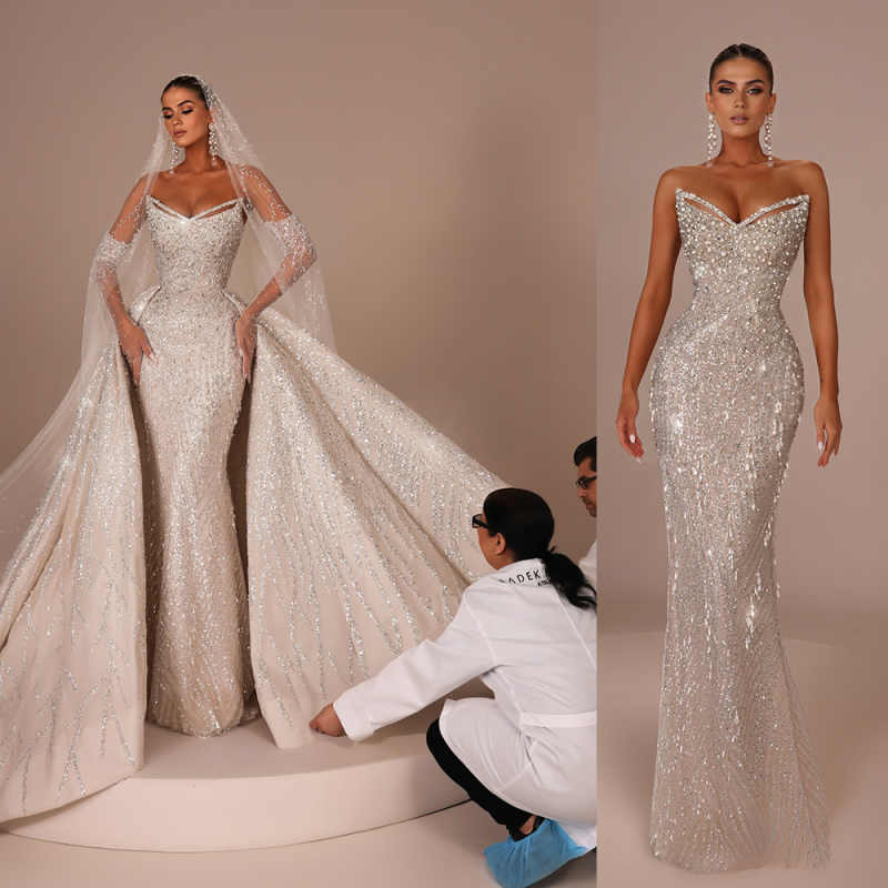 Glitter V Neck Mermaid Wedding Dresses Crystal Bridal Gowns Sequins Beading Detachable Train Sweep Train Long Sleeve Customized Bride Dress vestido de