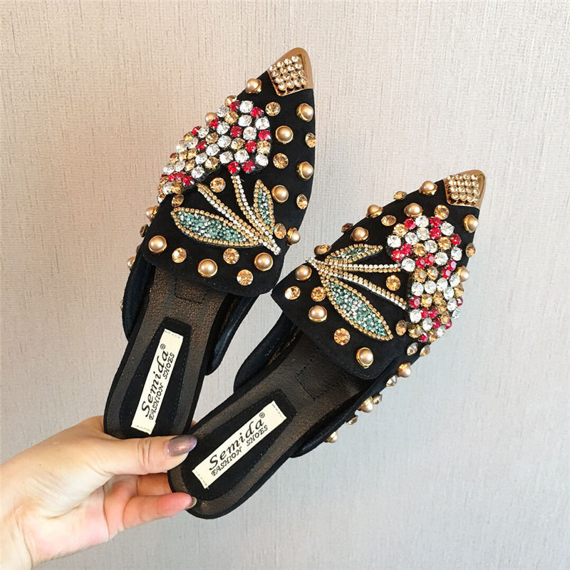 Cherry Rhinestone Pointed Flat Shoes Fashionable Loafers Slippers Beautiful Cherry Pearl Inlaid Flat Sandals For Women Sizes 36-41