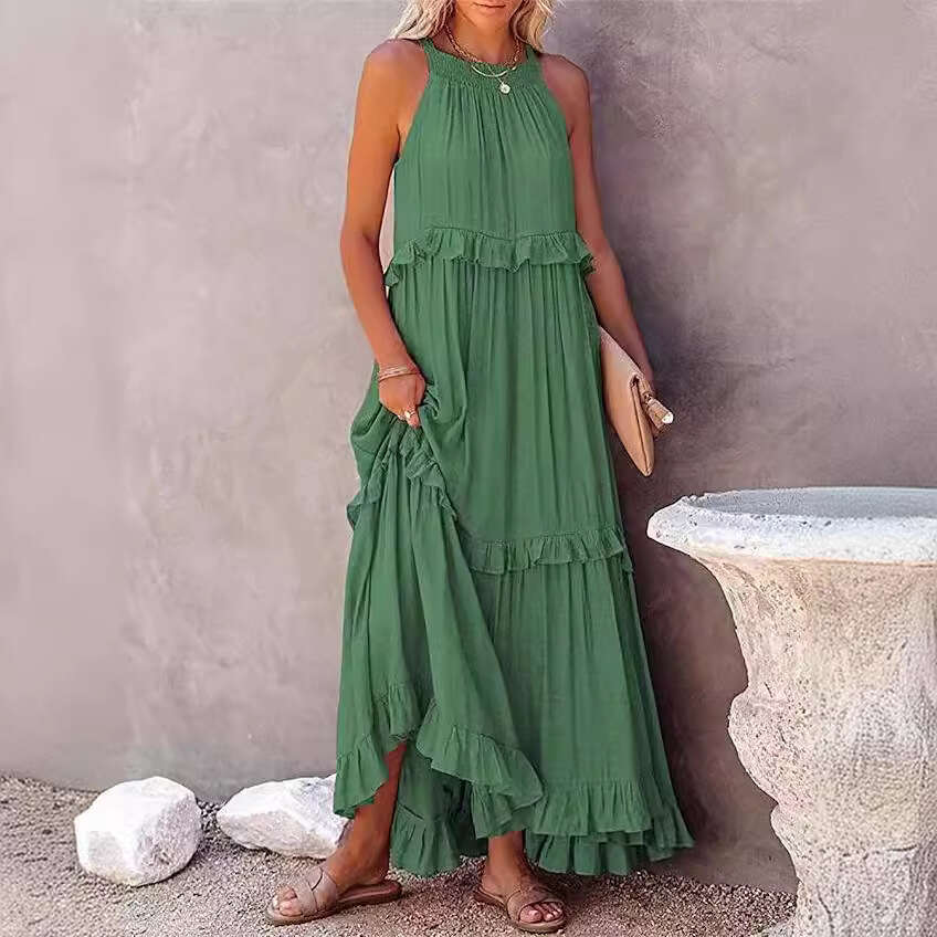 European American Summer Vacation Wind Lotus Leaf Edge Long Dress, Large Swing, Beach Skirt, Women's 2025 New Style, Unique and Elegant Clothing