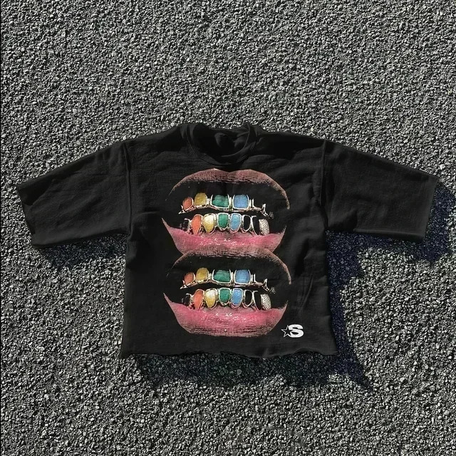 Y2k American Retro Red Letter Casual Short-sleeved Rock Hip-hop Street Print Oversized T-shirt Round Neck Cotton Short-sleeved 250227