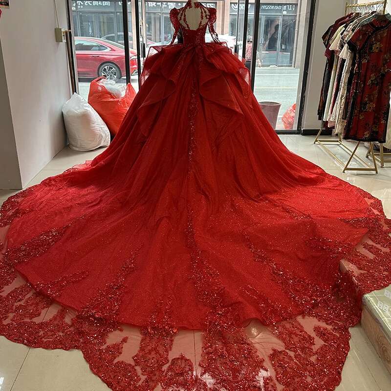 Dresses with Sequins Backless, Wedding Dresses, Full Puff Sleeves, Neck, Red, 2023, XS100