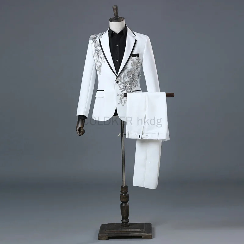 COLDKER Elegant Appliqued Mens Suits Slim Fit 2 Piece Formal Tuxedo Suits Blazer Pants with Bow Tie for Wedding Prom 250224