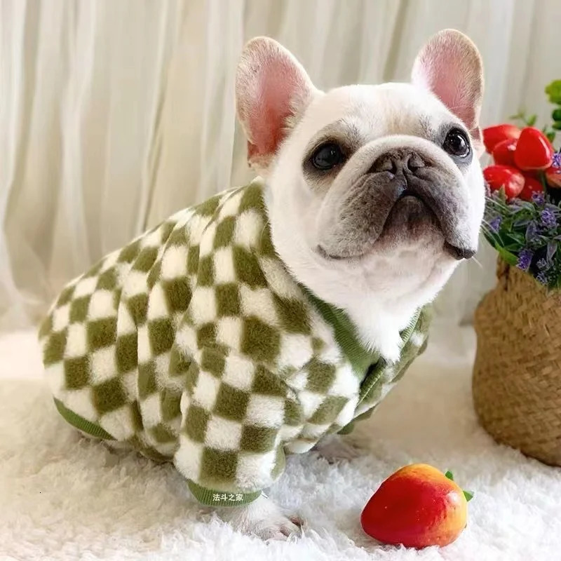 French Bulldog Winter Dog Clothes Coat Warm and Thickened Vest Jacket Fat Dog Costume Bulldog Pug Green Plaid Pet Dog Clothes 250226