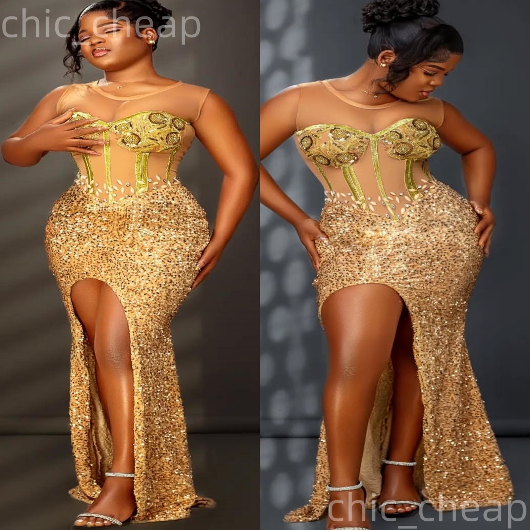 Gold Mermaid Prom Dresses 2025 Crystals Sequined Lace High Split Evening Formal Party Second Birthday Engagement Gowns Plus Size Dress For Special Occ