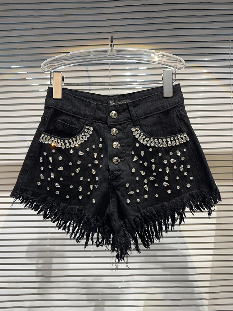 DEAT Womens Denim Shorts Shiny Rhinestone Full Diamonds Burrs Edge Wide Leg Super Short Jeans 2025 Spring Fashion 11XX3737 250227