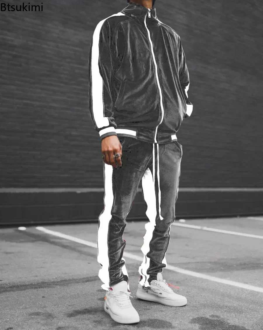 New 2025 Spring Autumn Mens Velvet Set Sport Suit Male Velour Thick Hoodies+ Pants Warm Sweatshirt Sportswear Tracksuit For Men X250228