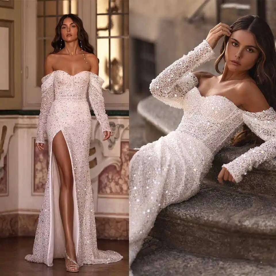 Bg Mermaid Dress Lace Strapless Slit Side Long Sleeve Wedding Dresses Custom