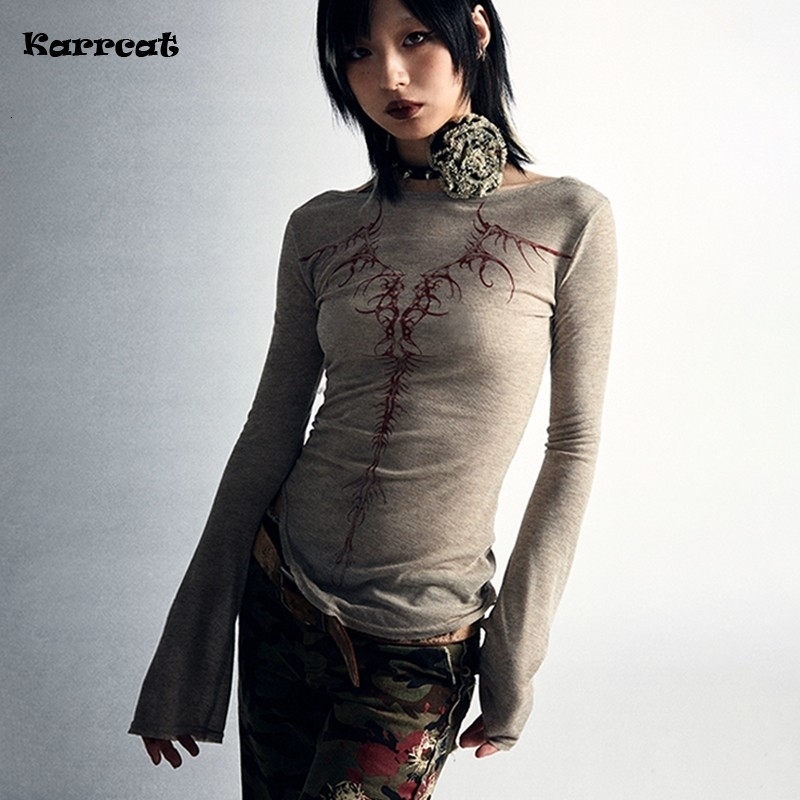 Karrcat Grunge Aesthetics Knitted Tops Vintage Tattoo Print Tshirt Punk Irregular Tee Shirt Gothic Y2k Streetwear Alt 250226