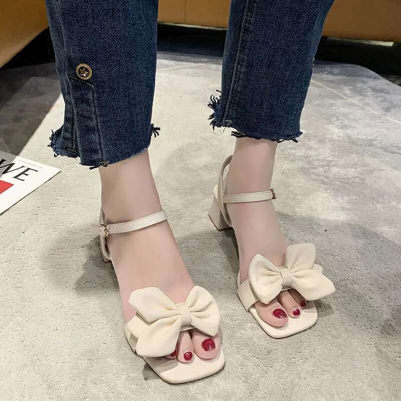 Sandals Women Summer New Fashion Square Head Bow French Buckle Belt Thick Heel Shoes Lady Sexy Work High Heels Beige Green