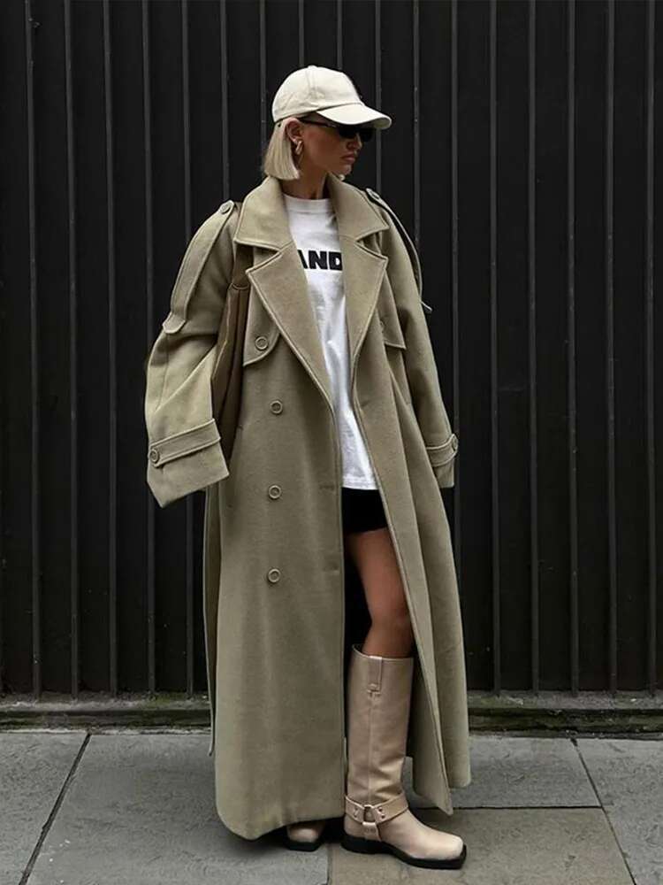 Vintage Double Breasted Lapel Women Long Coat Elegant Full Sleeve Loose Female Jacket With Belt Autumn Casual Ladies Streetwear