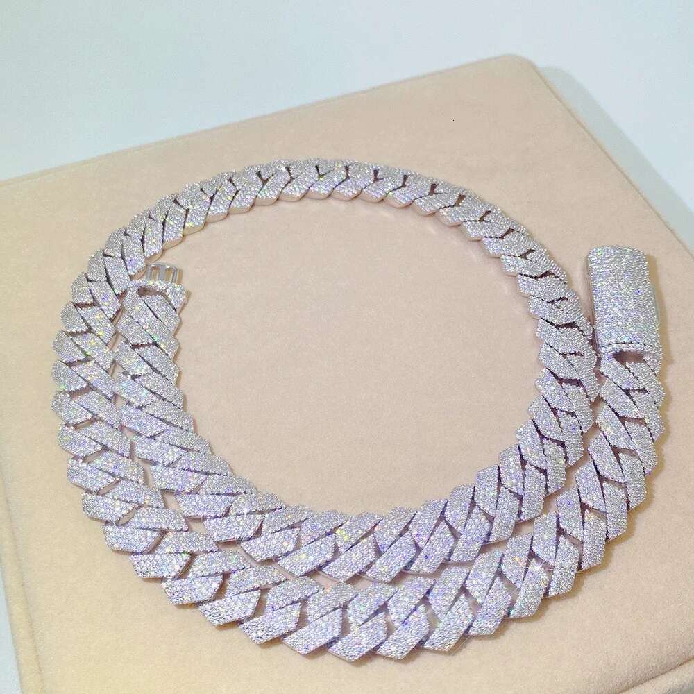 15mm Cuban Chain Four Rows of Moissanite Encrusted Hip Hop Necklace in S Sier