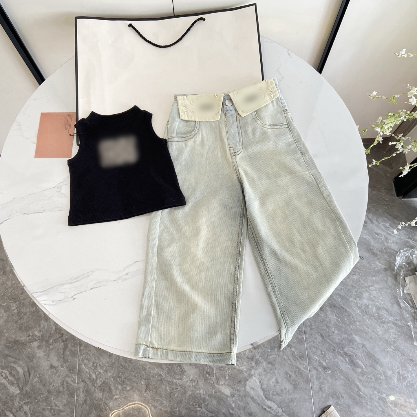 Designer children clothing sets Fashion girls Rhinestone letter black vest tops with wash jeans 2pcs 2025 summer children outfits S3142