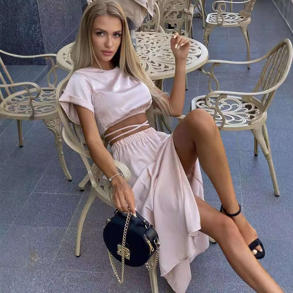 2024 European and American new short sleeved top split skirt solid color commuting two-piece set