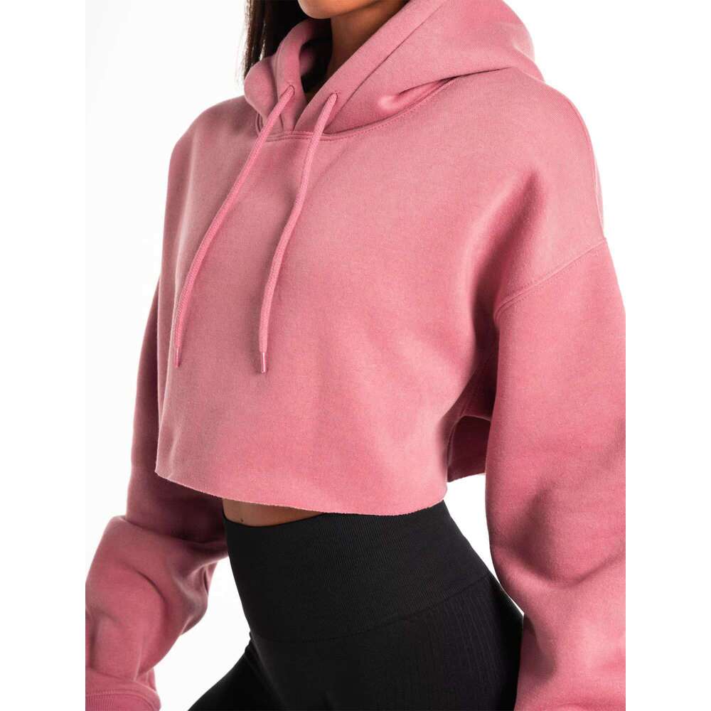 Wholesale Women's Beige Cropped Hoodie Short Length Silk Pullover Custom Long Sleeve Printed Winter Sports Gym Hooded